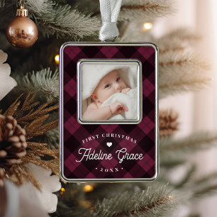 Classic Plum Plaid Baby's First Christmas Photo Silver Plated Framed Ornament