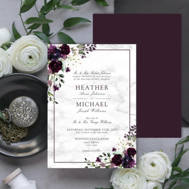 Classic Plum Purple Flower Watercolor Wedding Invitation (Creator Uploaded)