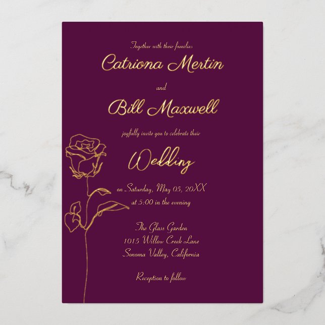 Classic Plum Purple & Gold Foil Wedding Invitation (Front)
