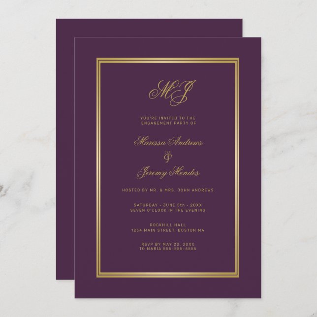 Classic Plum Purple Gold Monogram Engagement Party Invitation (Front/Back)