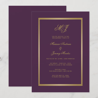 Classic Plum Purple Gold Monogram Engagement Party Invitation