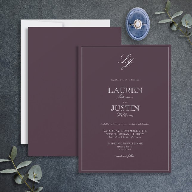 Classic Plum Purple Script Monogram Wedding Invitation (Creator Uploaded)