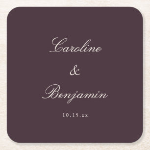 Classic Plum Script Elegant Wedding Custom Name Square Paper Coaster