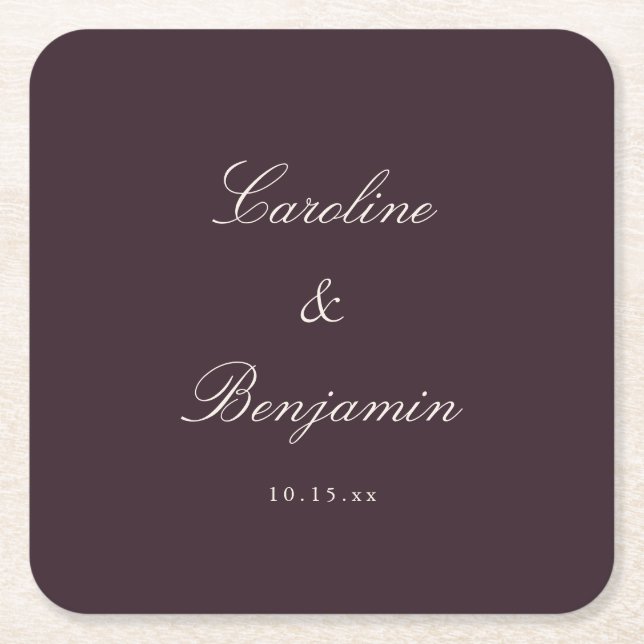 Classic Plum Script Elegant Wedding Custom Name Square Paper Coaster (Front)