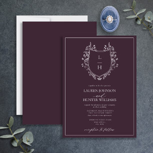 Classic Plum Wildflower Monogram Crest Wedding Invitation