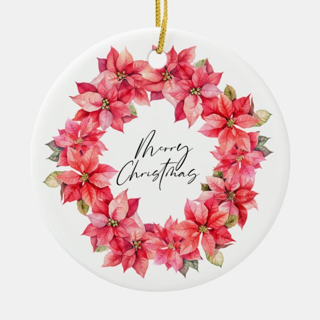 Classic Poinsettia Christmas wreath with berries Ceramic Tree Decoration (Front)