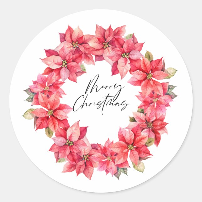 Classic Poinsettia Christmas wreath with berries Classic Round Sticker (Front)