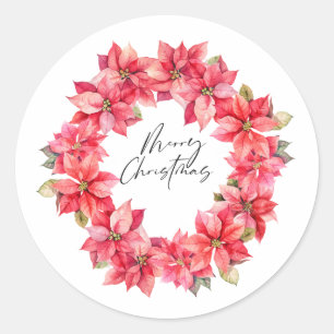 Classic Poinsettia Christmas wreath with berries Classic Round Sticker