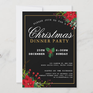 Classic Poinsettia Floral Christmas Dinner Party Invitation