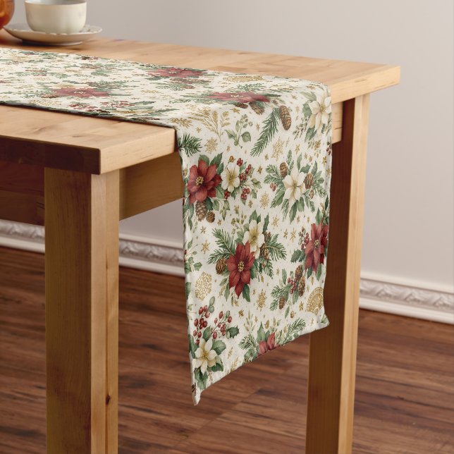 Classic Poinsettia Pine Christmas Botanical  Short Table Runner (In Situ)