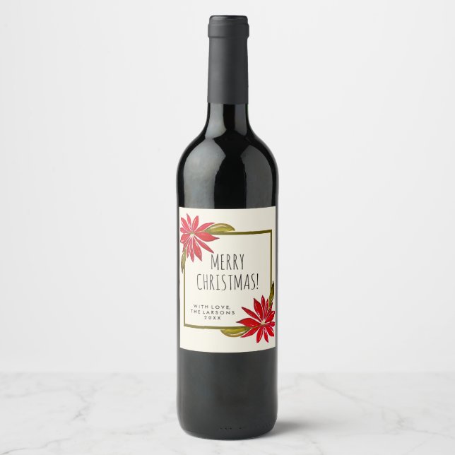 Classic Poinsettia Simple Modern Chic Christmas Wine Label (Front)