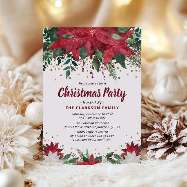 Classic Poinsietta Floral & Gold Christmas Party Invitation (Creator Uploaded)