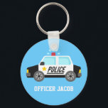 Classic Police Car with Siren Name Key Ring<br><div class="desc">A design with a classic black and white police car that has a sounding siren. For boys who aspire to be policeman love police patrol cars. Personalise with child's name. Background colour can be changed in customisation mode.</div>