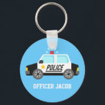 Classic Police Car with Siren Name Key Ring<br><div class="desc">A design with a classic black and white police car that has a sounding siren. For boys who aspire to be policeman love police patrol cars. Personalise with child's name. Background colour can be changed in customisation mode.</div>
