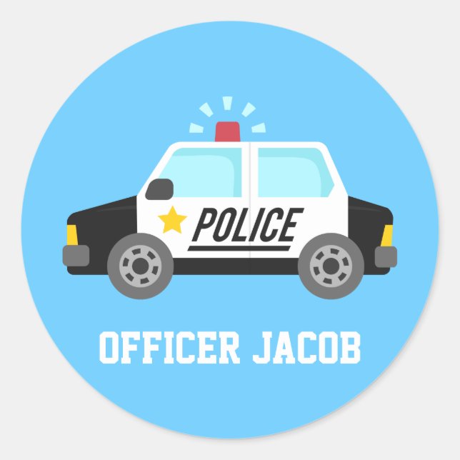 Classic Police Car with Siren Name Round Sticker (Front)