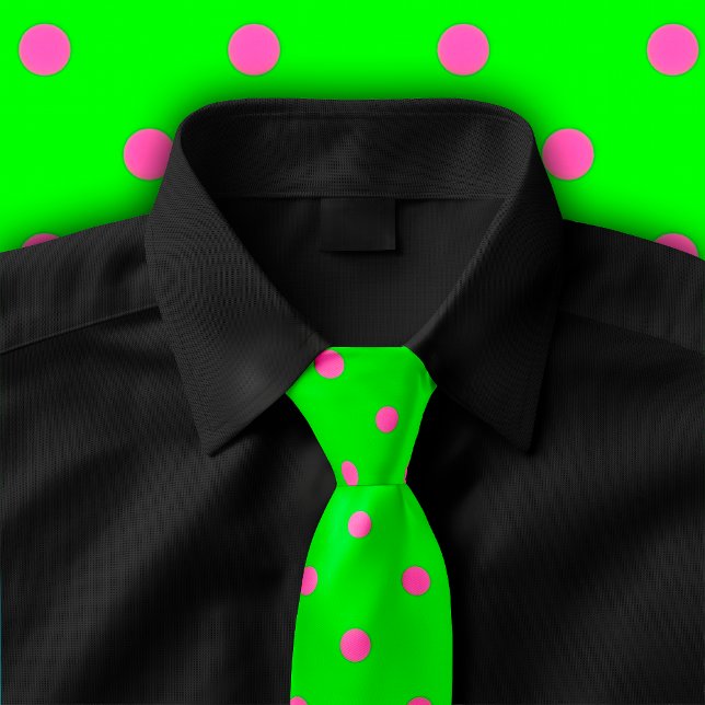 Classic Polka Dot Tie, Hot Pink on Neon Green Tie (A Neon Green tie with hot pink polka dots adorns a black button down shirt.)