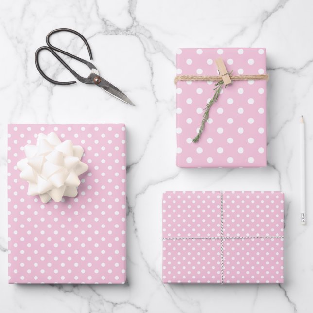 Classic Polka Dot White - Light Pink Wrapping Paper Sheet (Front)