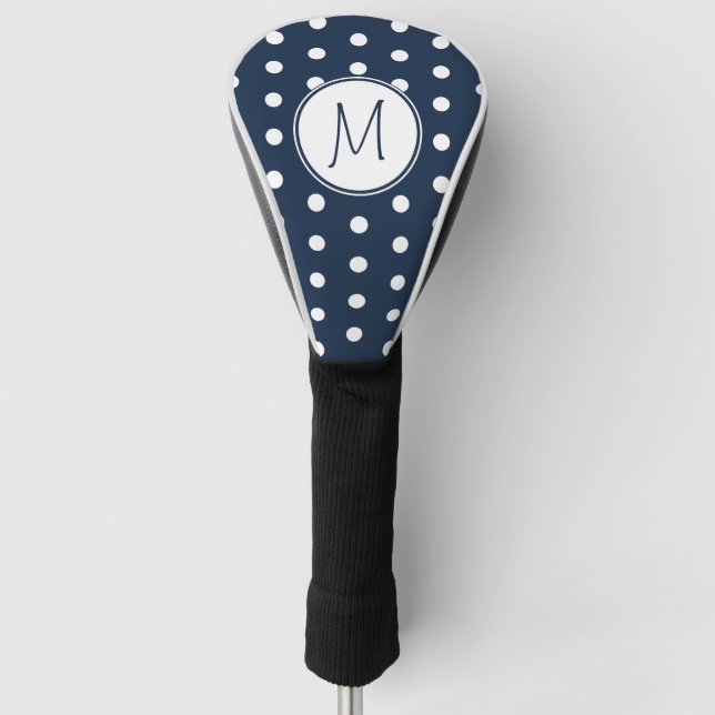 Classic Polka Dots Navy Blue Monogram  Golf Head Cover (Front)