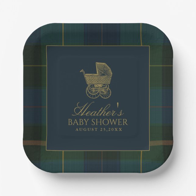 Classic Polo Dark Green Plaid Baby Shower Paper Plate (Front)