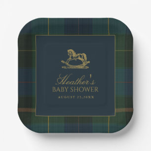 Classic Polo Dark Green Plaid Baby Shower Paper Plate