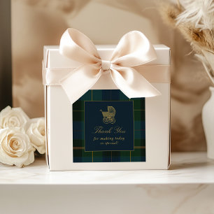 Classic Polo Dark Green Plaid Baby Shower Square Sticker