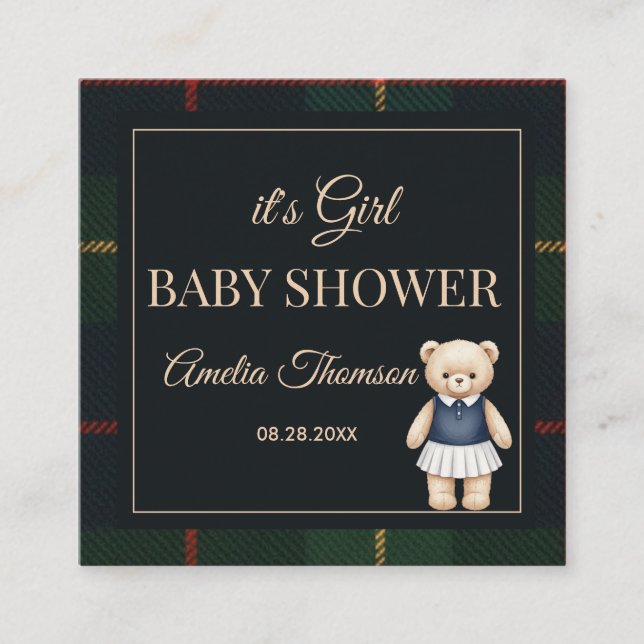 Classic Polo Teddy Bear Preppy Plaid Baby Shower  Enclosure Card (Front)