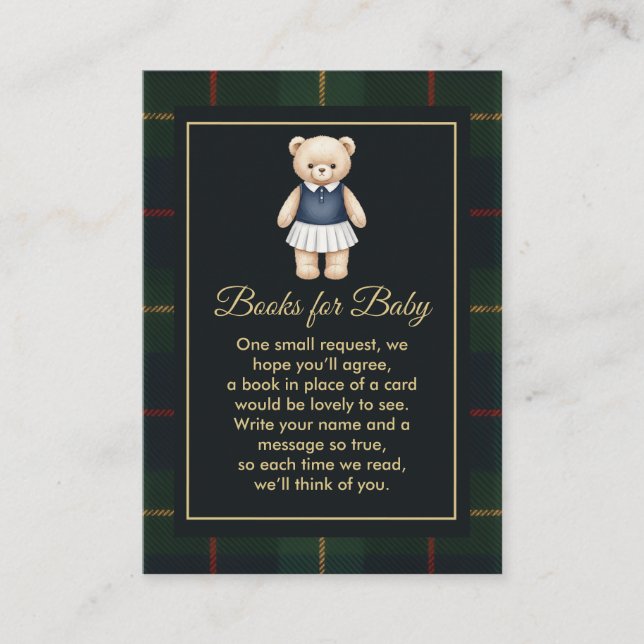 Classic Polo Teddy Bear Preppy Plaid Baby Shower  Enclosure Card (Front)