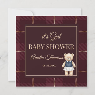 Classic Polo Teddy Bear Preppy Plaid Baby Shower  Invitation