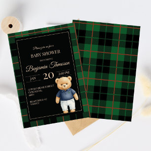 Classic Polo Teddy Bear Preppy Plaid Baby Shower Invitation