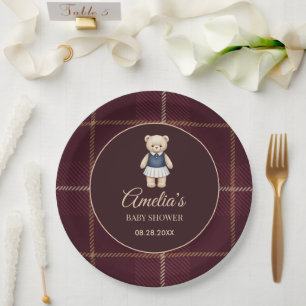 Classic Polo Teddy Bear Preppy Plaid Baby Shower Paper Plate