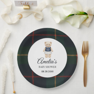 Classic Polo Teddy Bear Preppy Plaid Baby Shower Paper Plate