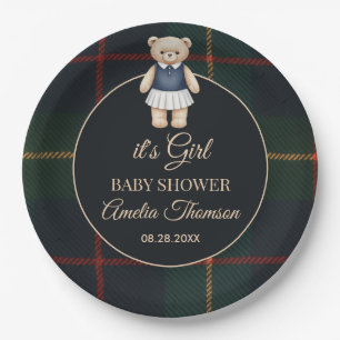Classic Polo Teddy Bear Preppy Plaid Baby Shower Paper Plate