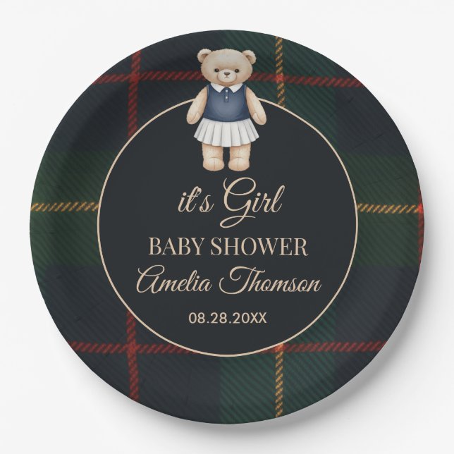 Classic Polo Teddy Bear Preppy Plaid Baby Shower  Paper Plate (Front)