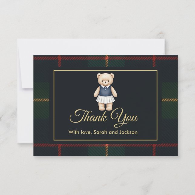 Classic Polo Teddy Bear Preppy Plaid Baby Shower  Thank You Card (Front)
