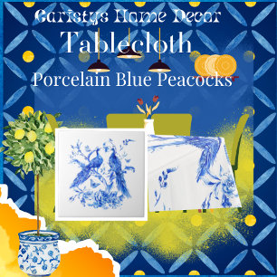 Classic Porcelain Blue Peacocks White Background Tablecloth