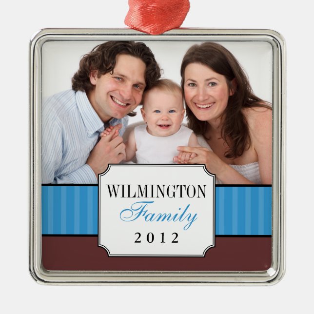 Classic portrait blue stripe band Christmas photo Metal Tree Decoration (Front)