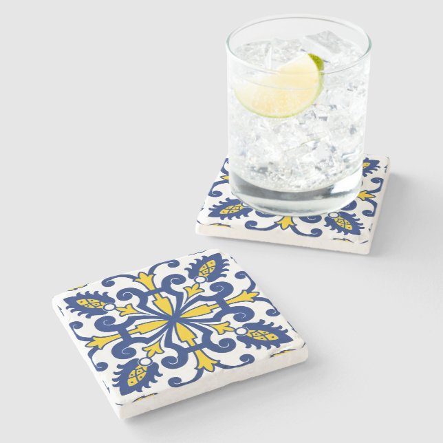 Classic Portuguese Azulejo Decorative Blue Yellow Stone Coaster (Side)