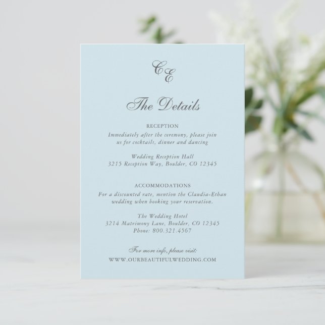 Classic Powder Blue Monogram Elegant Wedding Enclosure Card (Standing Front)