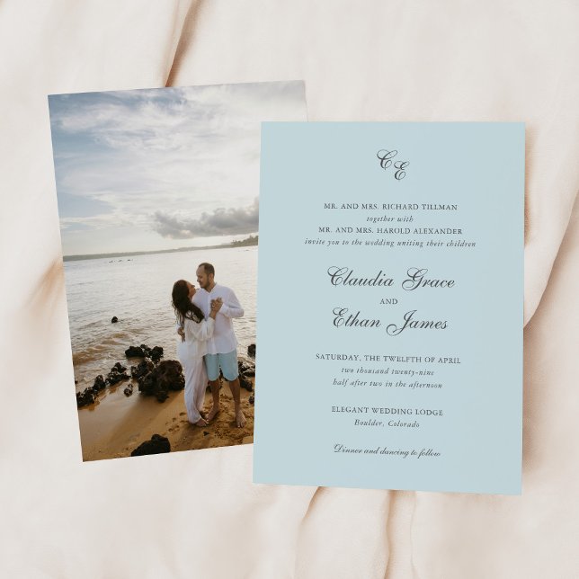 Classic Powder Blue Monogram Elegant Wedding Invitation (Creator Uploaded)