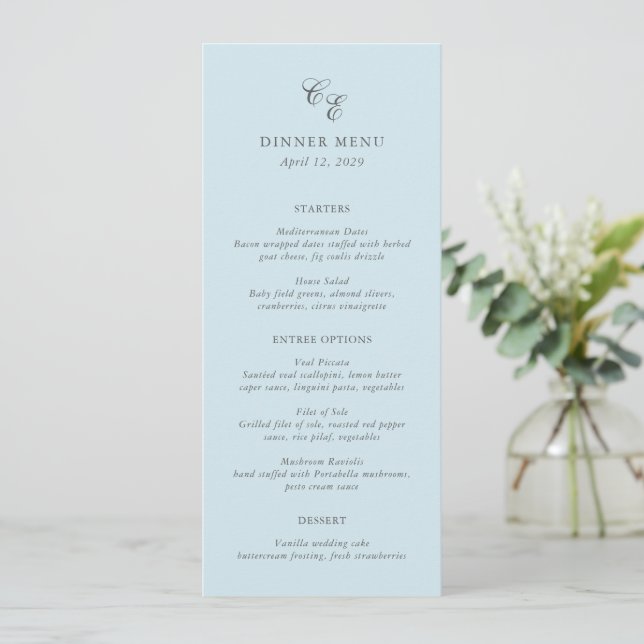 Classic Powder Blue Monogram Elegant Wedding Menu (Standing Front)