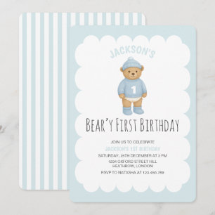 Classic Preppy Bear Blue Boy Birthday Invitation