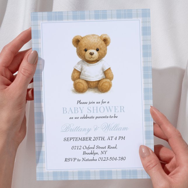Classic Preppy Bear Blue Plaid Baby Shower  Invit Invitation (Creator Uploaded)