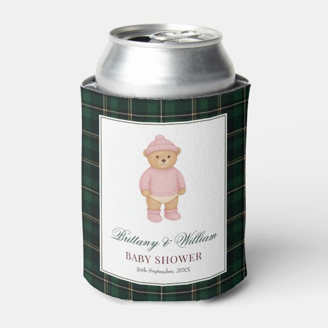 Classic Preppy Bear Designer Plaid Baby Shower Can Cooler (Can Front)