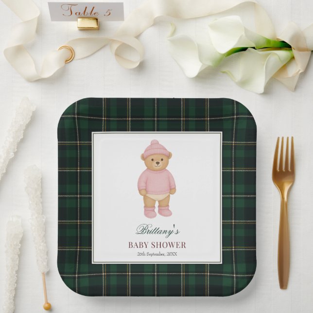 Classic Preppy Bear Designer Plaid Baby Shower Paper Plate (Wedding)