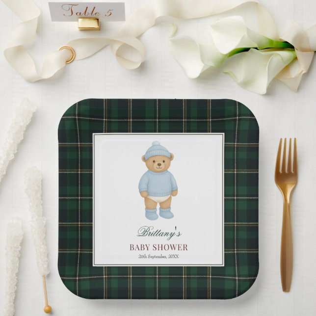 Classic Preppy Bear Designer Plaid Baby Shower Paper Plate (Wedding)