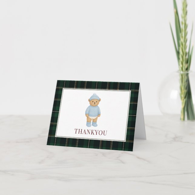 Classic Preppy Bear Designer Plaid Baby Shower Thank You Card (Front)