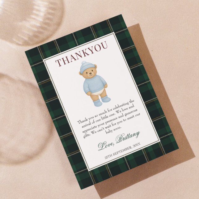Classic Preppy Bear Designer Plaid Baby Shower Thank You Card (Creator Uploaded)