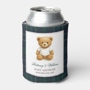Classic Preppy Bear Green Plaid Baby Shower Can Cooler