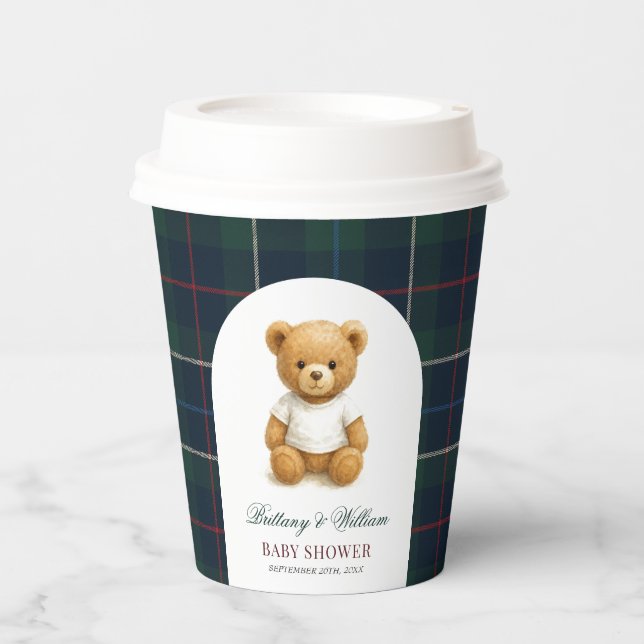 Classic Preppy Bear Green Plaid Baby Shower  Paper Cups (Front)