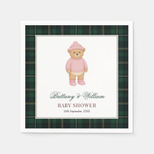 Classic Preppy Bear Green Tartan Plaid Baby Shower Napkin